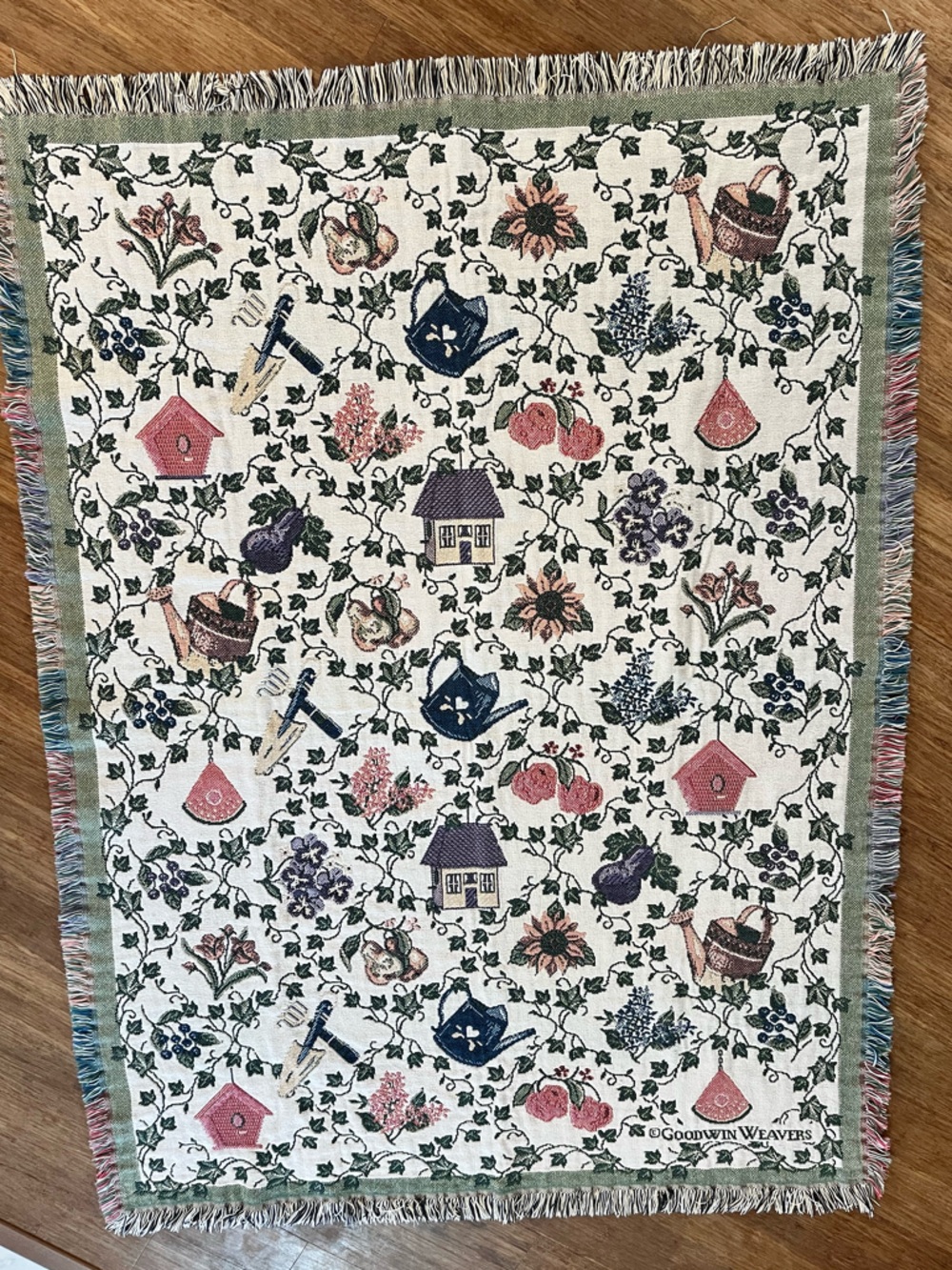 Goodwin Weavers Tapestry Throw Blanket Fringe Floral Birds Birdhouses 44x70”